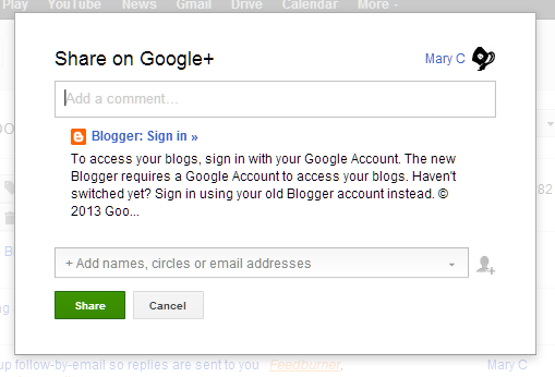 error message saying To access you blogs, sign in with your Google Account.  The new Blogger requires a Google Account to access your blogs.  Haven't switched yet?   Sign in using your old Blogger account instead.