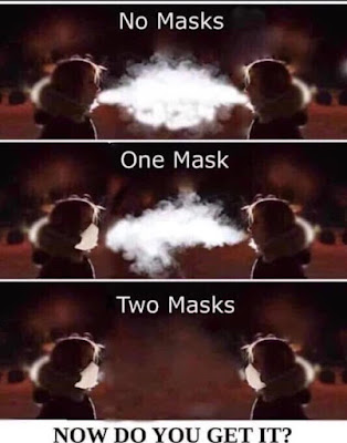 people with visible breath due to cold weather face each other - one mask two masks no masks