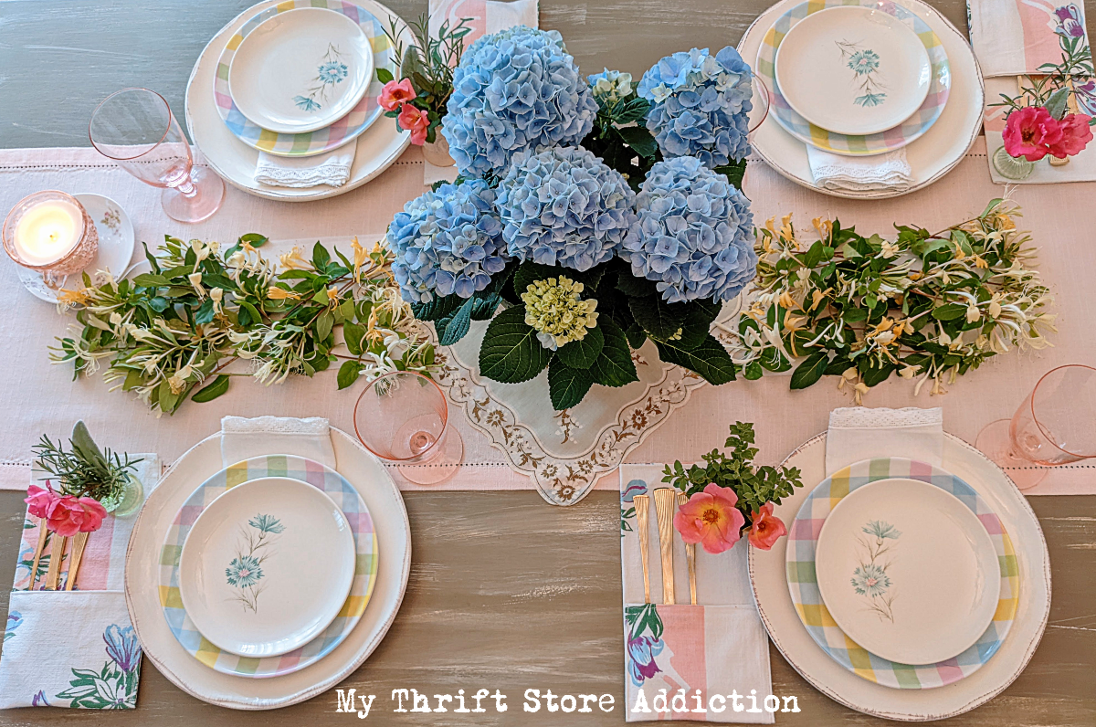 honeysuckle and hydrangeas summer tablescape