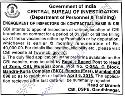 Inspector Job Vacancies Contract Basis | at CBI - Central Burau of Investigation 2016