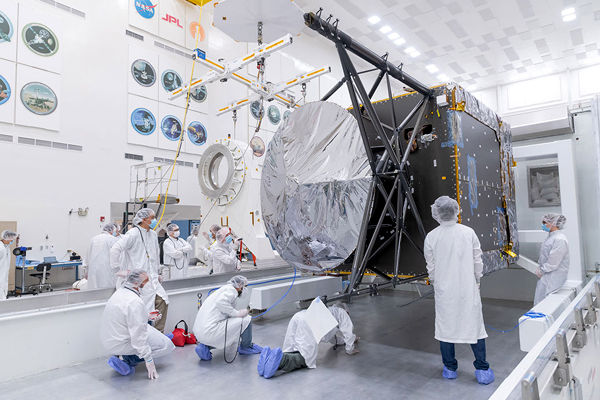 Engineers prepare to move the Solar Electric Propulsion Chassis for NASA's Psyche robotic probe inside the Spacecraft Assembly Facility at the Jet Propulsion Laboratory near Pasadena, California...in March of 2021.