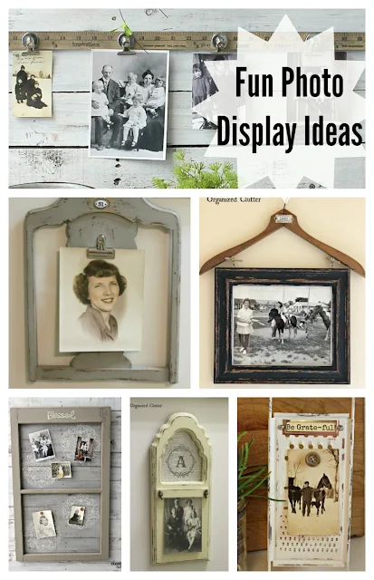 Fun & Inexpensive Farmhouse Style Photo Display Ideas #upcycle #repurpose #photodisplay #photodisplayideas #thriftshopmakeover #thriftshopfinds #garagesalefinds