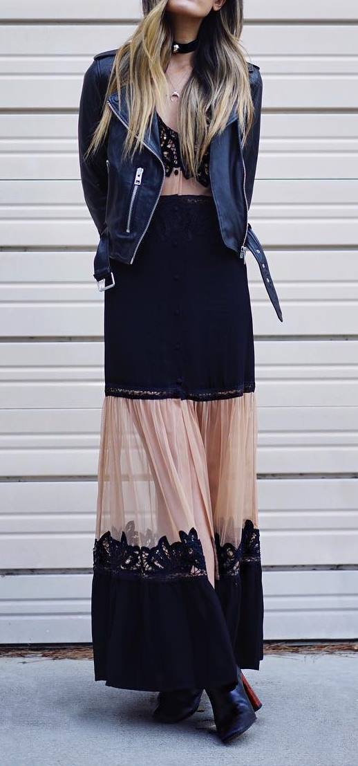 cute spring outfit idea: biker jacket + maxi dress