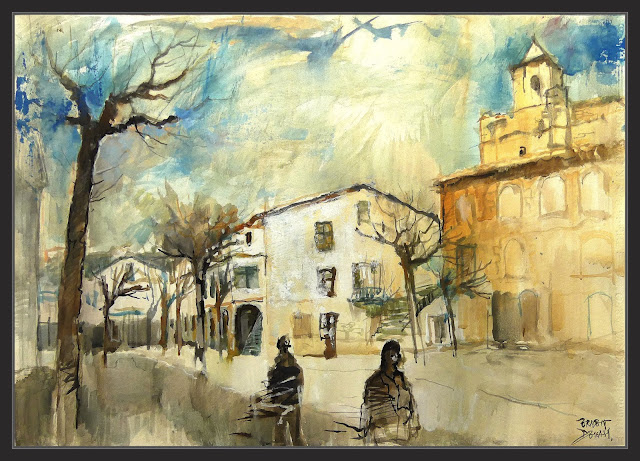 L'AMETLLA DE MEROLA-PINTURA-ART-COLONIA-COLONIES-LLOBREGAT-PAISATGES-PUIG-REIG-BERGUEDÀ-PLAÇA-ESGLESIA-PINTURES-PINTOR-ERNEST DESCALS-