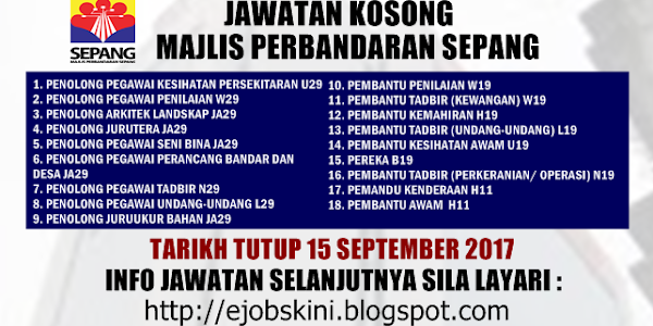 Jawatan Kosong Majlis Perbandaran Sepang (MPSepang) - 15 September 2017