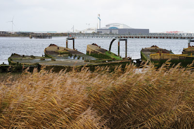 All the photos in this post show decaying, lichen-covered concrete barges at the edge of a river. Across the river and past the barges, industrial works are visible.