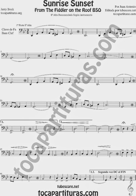 Partituras El Violinista en el Tejado en Clave de Fa (tonalidad fácil) Easy Sheet Music in Treble Clef (abajo partituras en la tonalidad original)