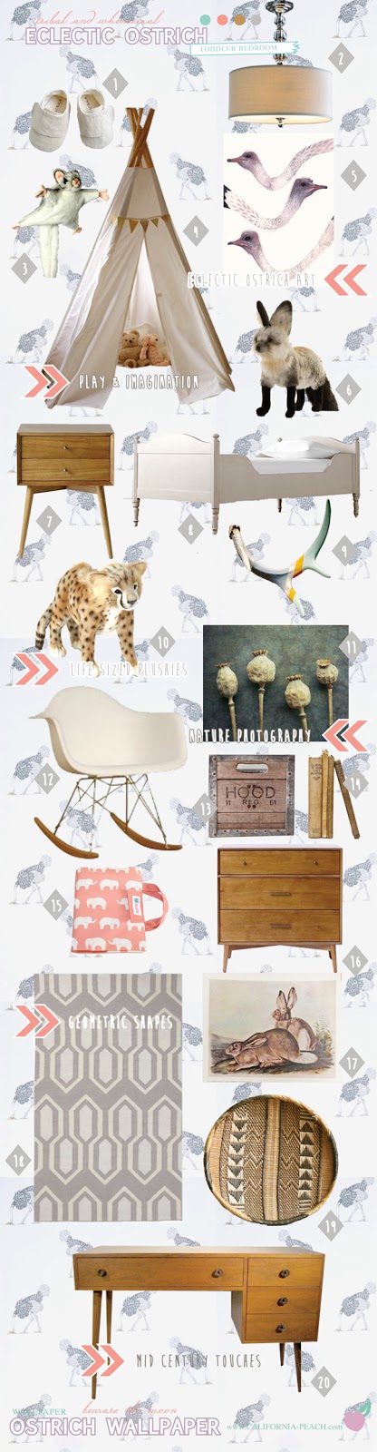 Ecclectic Ostrich || on California Peach || Toddler Room Style Interior Design Board