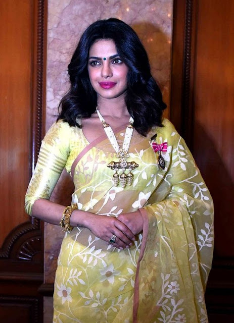 Priyanka Chopra At Padma Shree Award in Yellow Traditional Sari Blouse