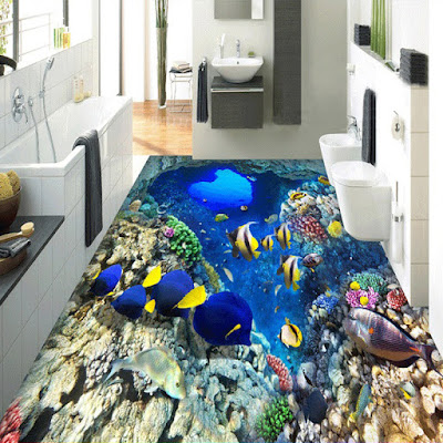 self-adhesive 3d bathroom flooring art with fish and rocks