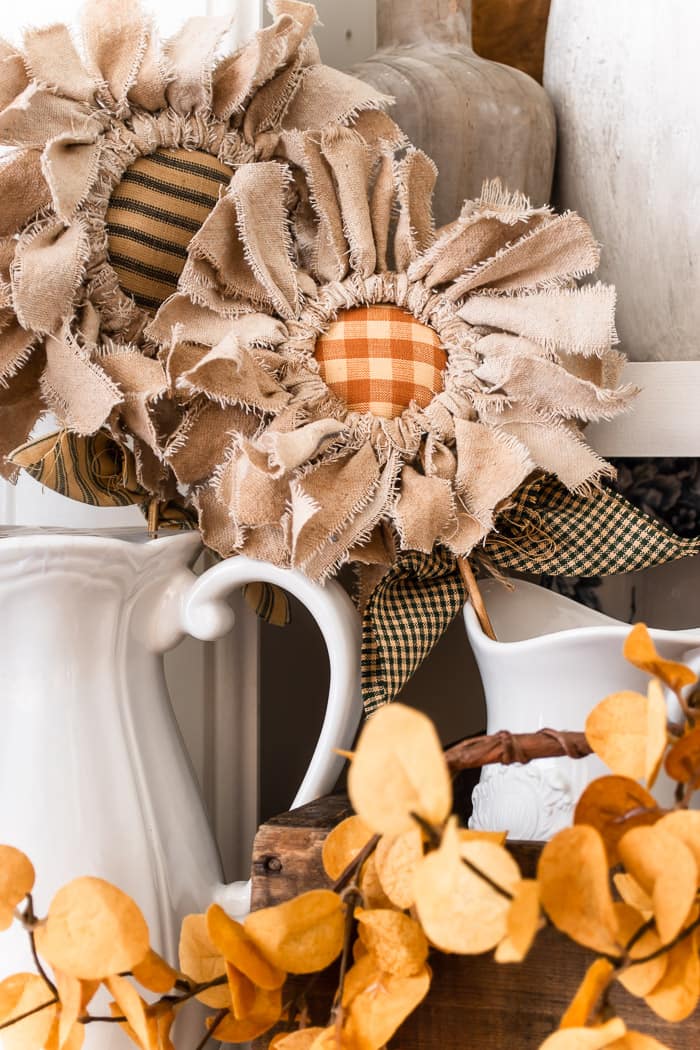drop cloth sunflowers with homespun fabric centers