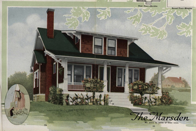 color drawing of side gable bungalow with white front porch and large front dormer, Aladdin Homes Marsden model 1918 catalog