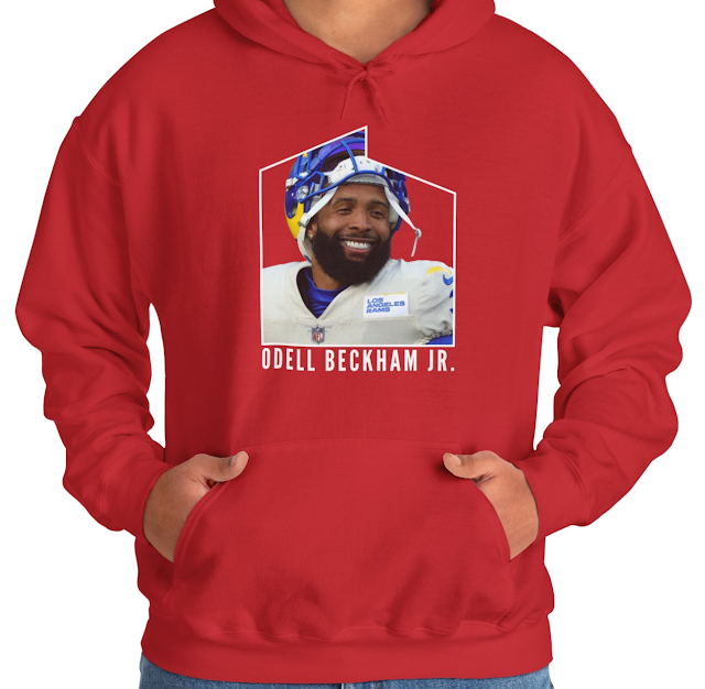 A Hoodie for Men and Women With NFL Player Odell Beckham Jr Wearing Los Angeles RAMS Kit Smiling and His Name Text.