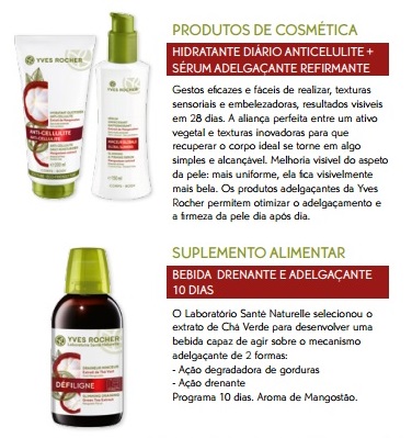 Foto dos novos produtos anticelulite e adelgaçante com extrato de mangostao, do Catálogo nº 05/2017 de Yves Rocher Portugal contendo informações sofre o efeito a ser obtido com cada um