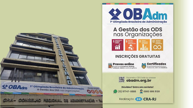 Edifício Casa do Administrador e cartaz alusivo à 1ª Olimpíada Brasileira de Administração (OBAdm).
