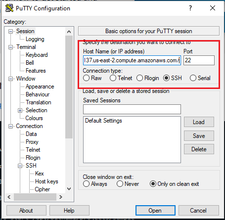 Put IP Address of MEAN Stack AWS EC2 in Putty