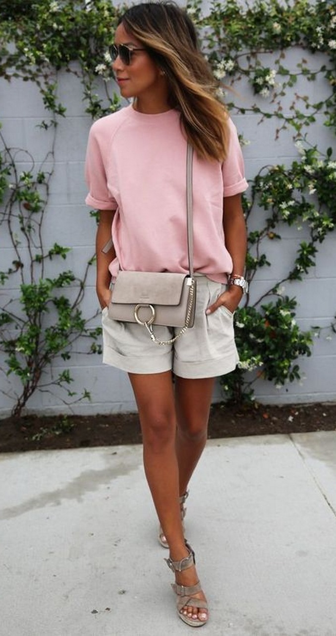 gorgeous summer outfit | blush top + bag + shorts + sandals