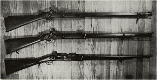 Alleged breechloading Civil War rifles are (top) Westley Richards M1860, .450 Whitworth caliber, with bayonet stud on front band; Wilson’s sea-service or sergeant’s rifle with bayonet stud on barrel, and, bottom, “Breechloading Gun Co.” 