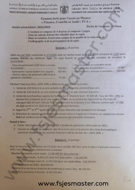 Exemple Concours Master Finance Contrôle et Audit (FCA) 2022-2023 - Fsjes Fes