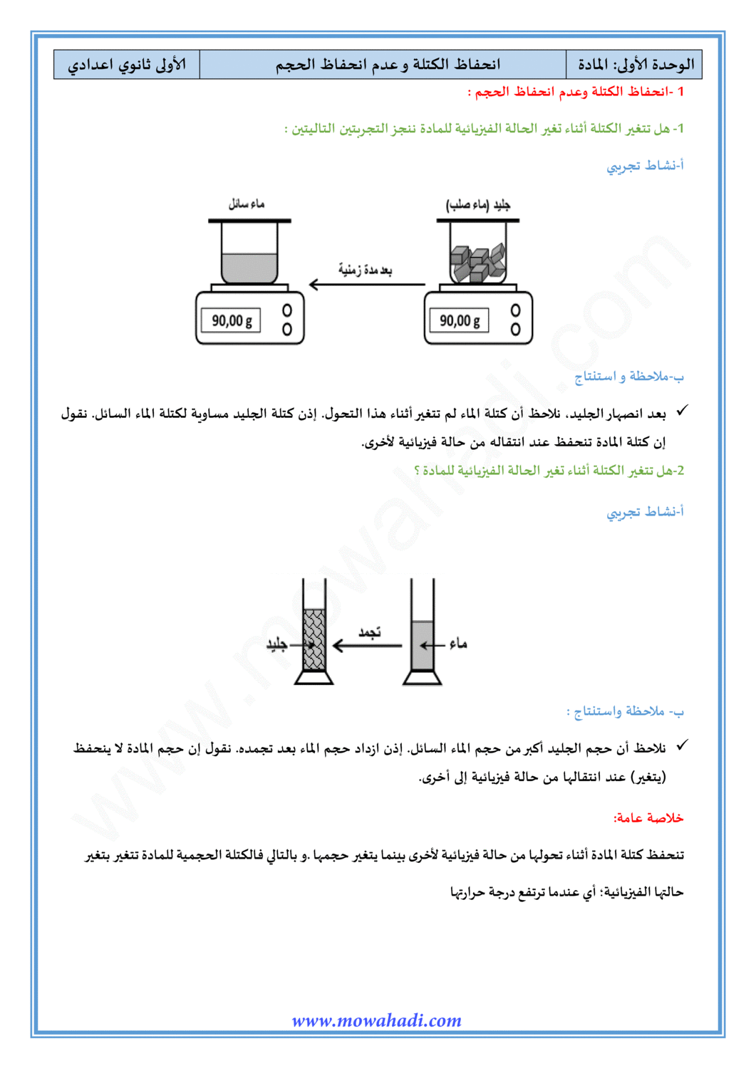 درس ‫‫انحفاظ الكتلة و عدم انحفاظ الحجم‬ للسنة الاولى اعدادي في مادة الفيزياء