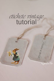 tutorial etichete vintage de Paste descaraca gratuit 2 modele iepuras cu buchet flori in mana si Hristos a inviat