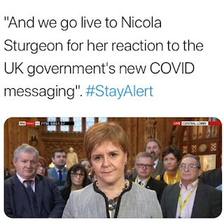 'and we go live to Nicola Sturgeon for her response to the latest messaging from Westminster' and photo of Nicola Sturgeon looking exasperated and grim