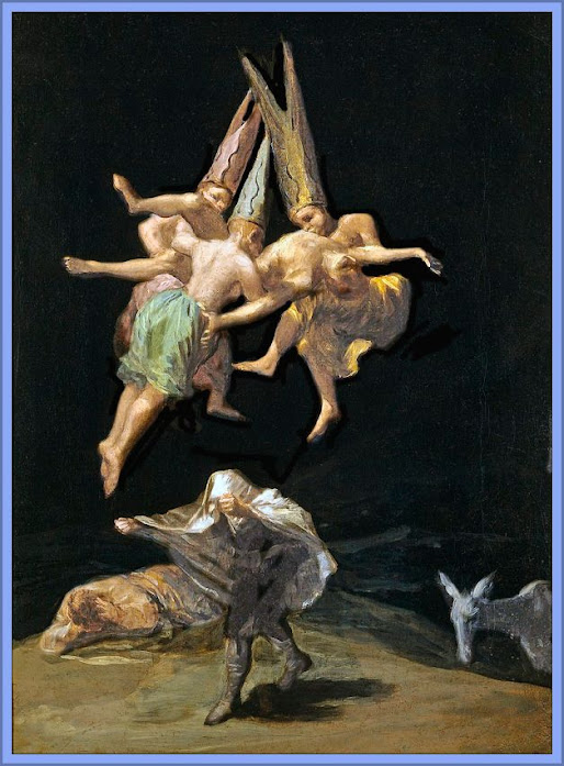 Witches' Flight - Goya (1798) -Male Witches With Pointy Hats As Horns