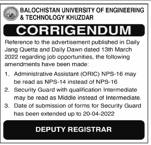 Balochistan University of Engineering and Technology Management Posts Khuzdar 2022