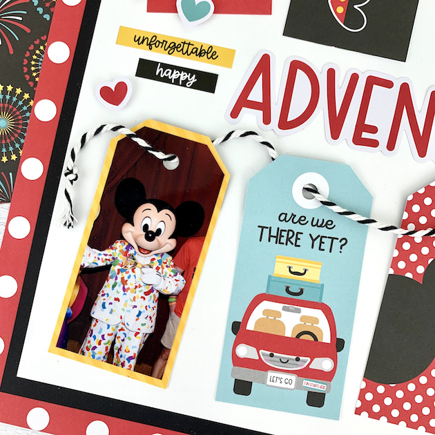 12x12 Disney scrapbook layout with mickey mouse, tags, and twine