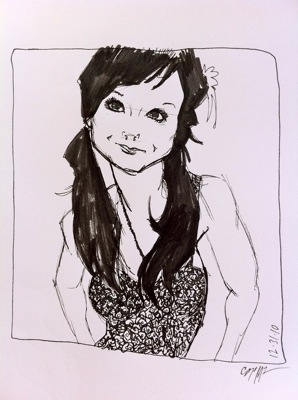 blaxck and white sketch of fashionable college chick