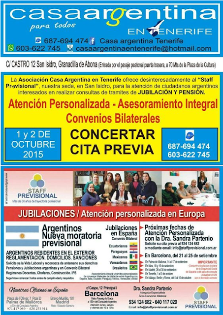 Staff Previsional atenderá en la Casa Argentina de Tenerife el 1 y 2 de octubre