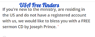 USA Freebie Finder Screenshot Text Reads: If you're new to the ministry, are residing in the US and do not have a registered account with us, we would like to bless you with a FREE sermon CD by Joseph Prince. * Link opens in a new tab