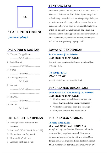 daftar riwayat hidup Staff Purchasing lulusan SMA/SMK/MA/sederajat untuk fresh graduate