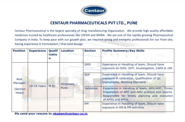 Centaur Pharma Pune Hiring For Asst Manager (Section Head)