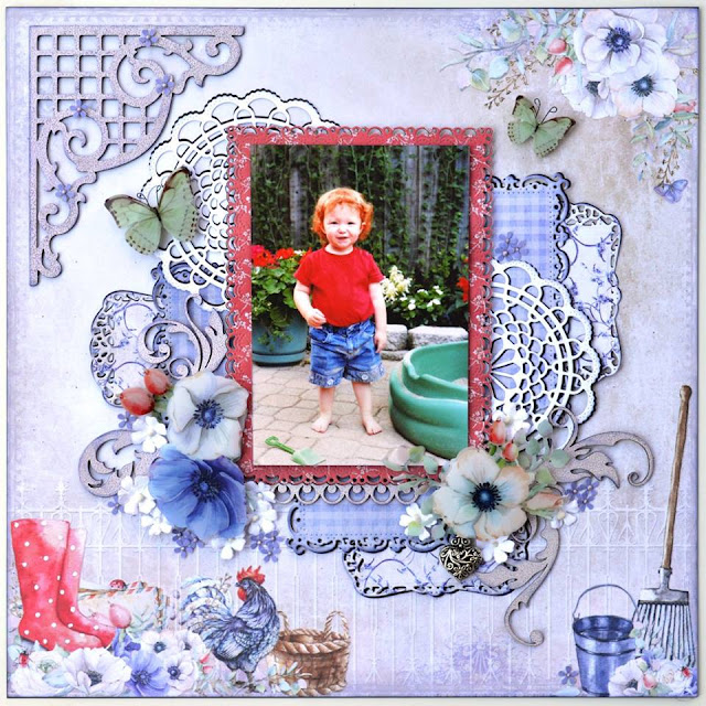 Scraps of Elegance scrapbook kits: lavender/purple shabby chic layout w/our July2017 kit, by Tracy Funk. 49 and Market Cottage Life.