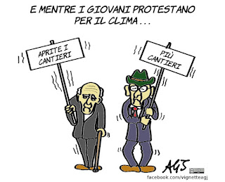 decreto sblocca cantieri, climate change strike, greta thunberg, pensionati, vignetta, satira