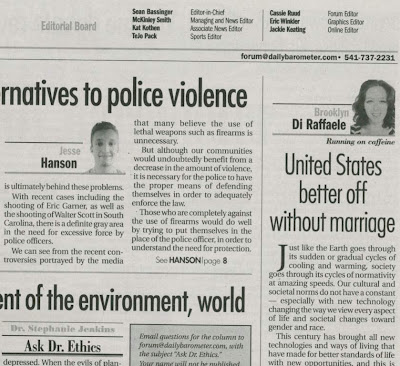 Marriage apocalypse opinion column by college student in Barometer, Apr. 10, 2015, p. 7