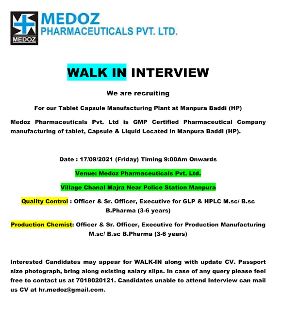 Job Availables, Medoz Pharmaceuticals Walk In Interview for Quality Control & Production Department