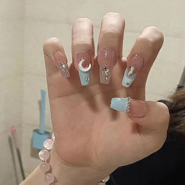 Blue French Design with White Crescent Press On Nails