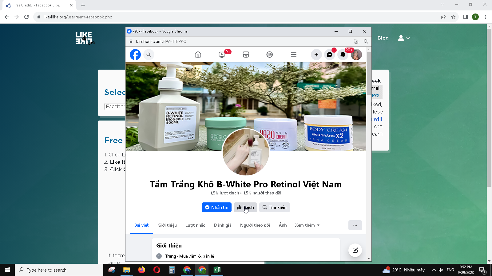 Giao diện Like Fanpage của người khác để kiếm điểm Credits trên máy tính