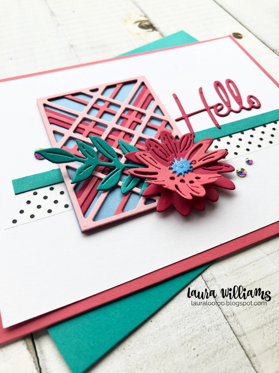 Make a handmade Hello card with Spellbinders Simply Perfect Kaleidoscope Plaid die, Simply Perfect Blooms Dies