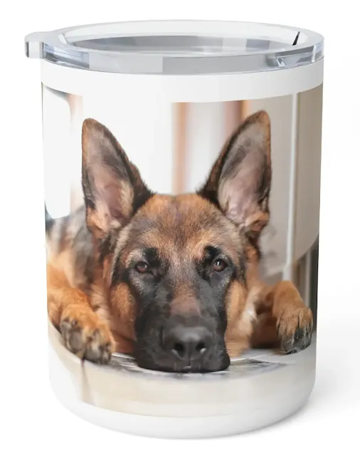 Insulated Stainless Steel Coffee Mug With Red and Black German Shepherd Lying His Head on the Floor