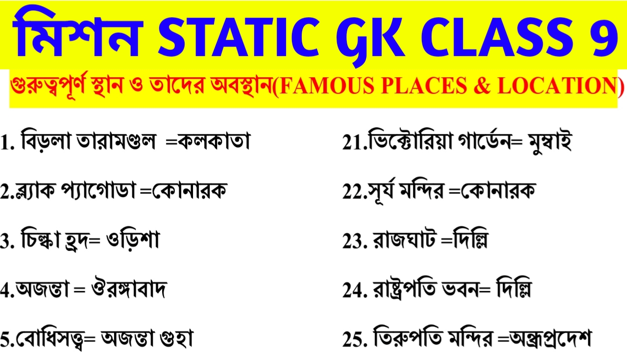 List Of Famous Places In India Static Gk Class 9 In Bengali For