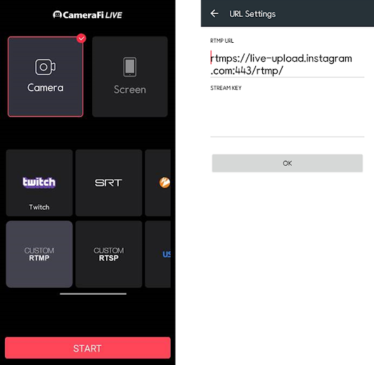 How to start Instagram Live with CameraFi Live - 6. Go to CameraFi Live- CUSTOM RTMP and paste your stream key and RTMP link.