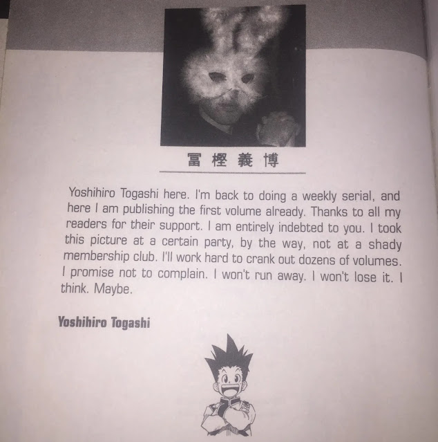 A page in Hunter x Hunter manga with Yoshihiro Togashi message to his fans about his comeback and he also attached a picture of himself with a bunny masquerade shot in a party and at the bottom is the image of HxH protagonist Gon Freecss