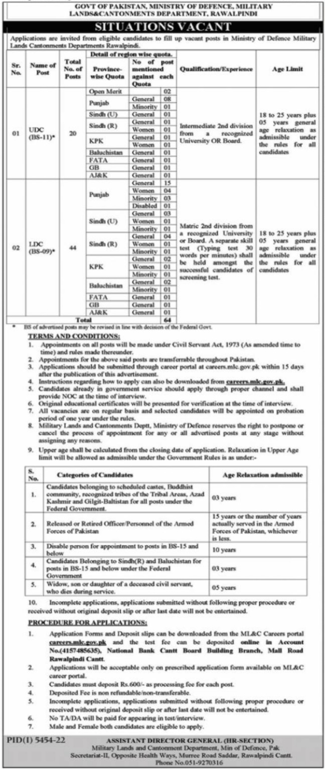 Latest Ministry of Defence Admin Clerical Posts Rawalpindi 2023