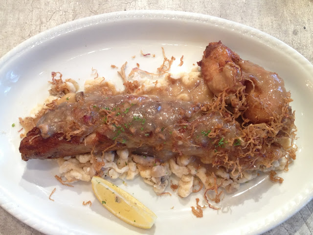 Roast Chicken Sausage on Mushroom, Spätzle Euro Market Café