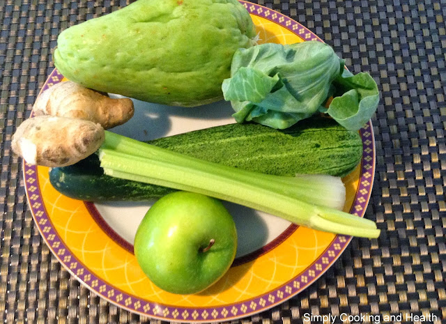 Apple, celery, cucumber, ginger, chayote and kai-lan