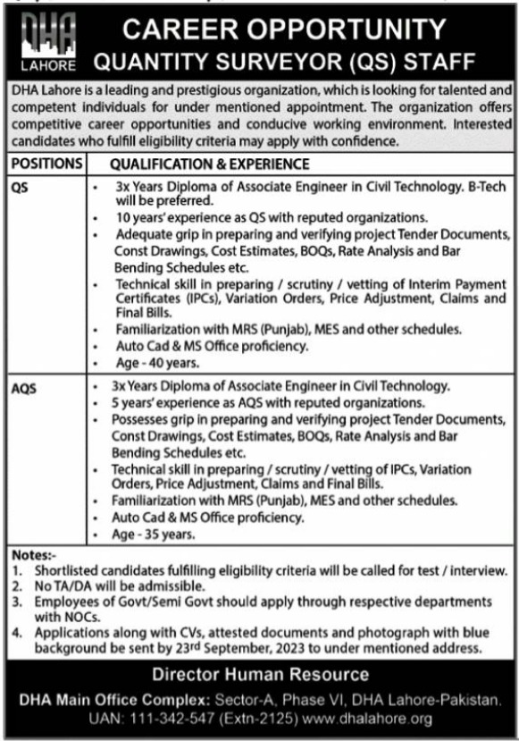 Latest Jobs in Defence Housing Authority Jobs in Lahore 2023 - Thesevenfact.com